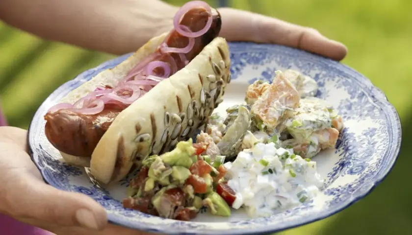 En tallrik med en grillad korv i ett bröd med rödlök, guacamole, potatissallad och äggsallad. Ett perfekt korv recept för sommaren.