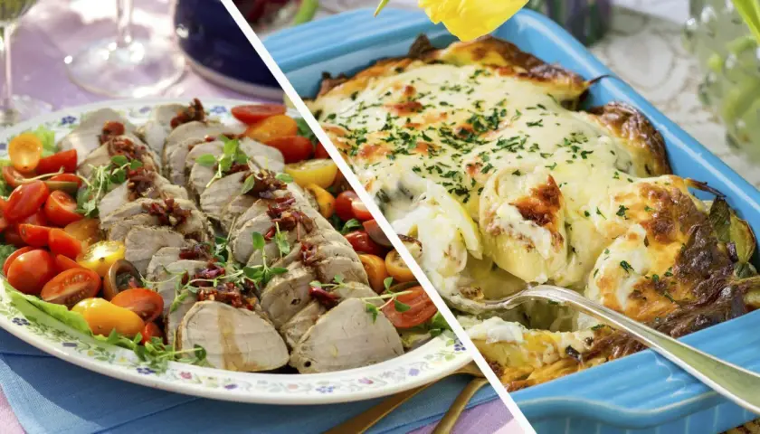 Skivad rostbiff med tomater och en gratinerad pastarätt. Perfekt för att avgöra hur mycket rostbiff per person som behövs för en festmåltid.