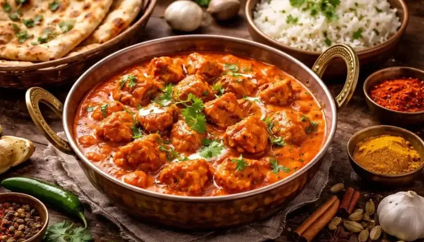 En kopp med kyckling i krämig tikka masala sås, garnerad med koriander. Serveras med ris, naanbröd och kryddor.