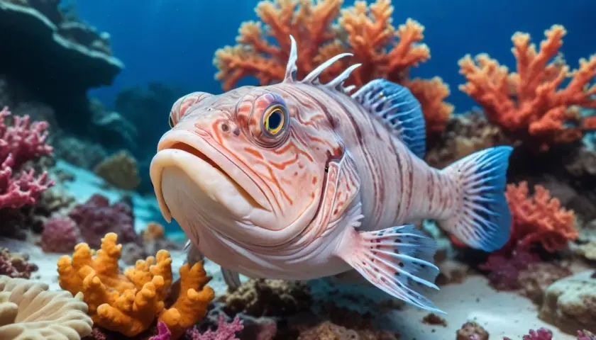 En närbild på en randig fisk med stora ögon bland koraller. Kanske inspiration till ett gott havskatt recept?