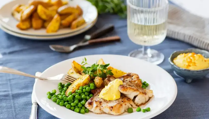 Friterad fisk med klyftpotatis och gröna ärtor, toppad med en klick egen remouladsås. Ett glas vitt vin står bredvid.