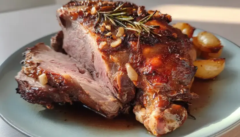 En saftig rådjursstek i ugn, perfekt tillagad med rosmarin och vitlök, serverad med rostade småpotatisar på en ljusblå tallrik.