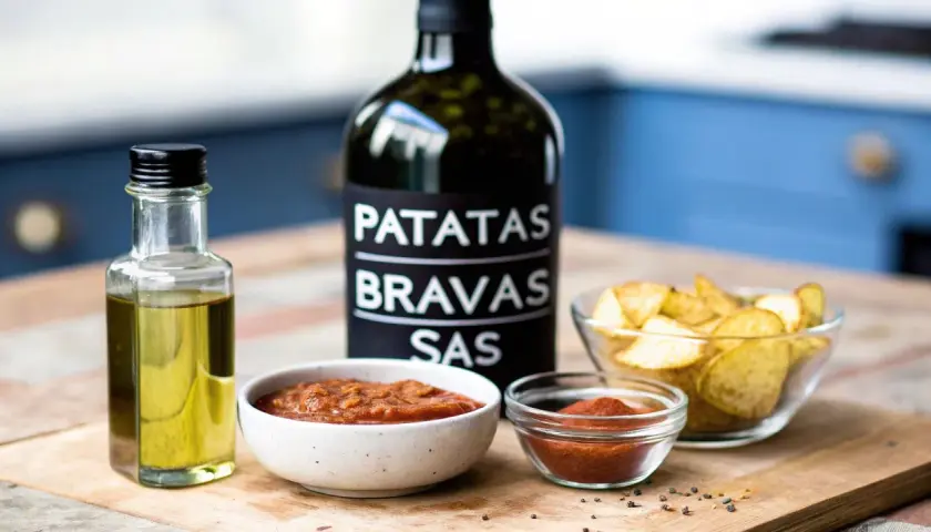 En flaska patatas bravas-sås, olivolja, två skålar med sås och en skål med klyftpotatis. Perfekt för en mysig kväll med grillad potatis.
