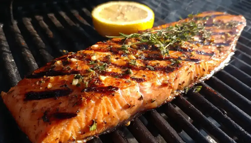 En saftig bit grillad fisk med citron och örter på grillen.