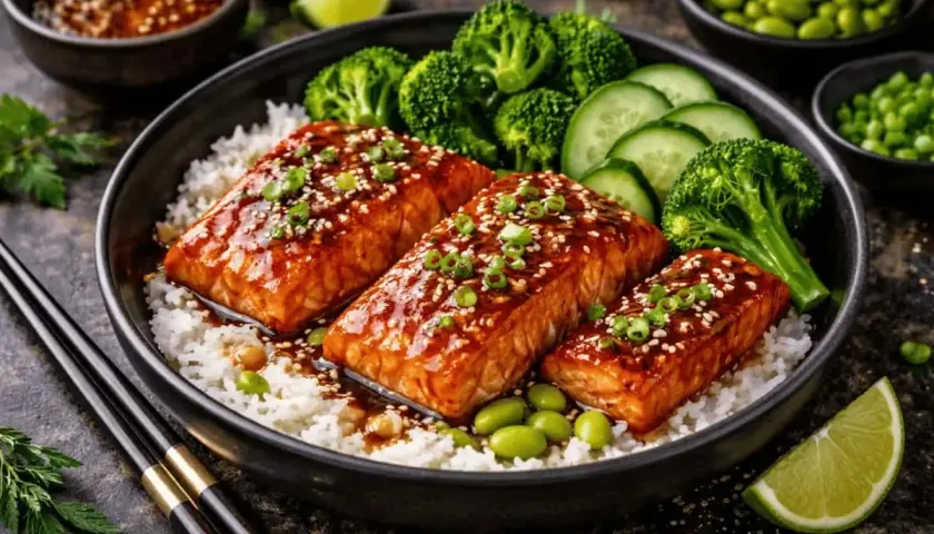 Tre saftiga filéer av teriyaki lax serveras på en bädd av ris, med broccoli, gurka och edamamebönor. En läcker och hälsosam måltid.