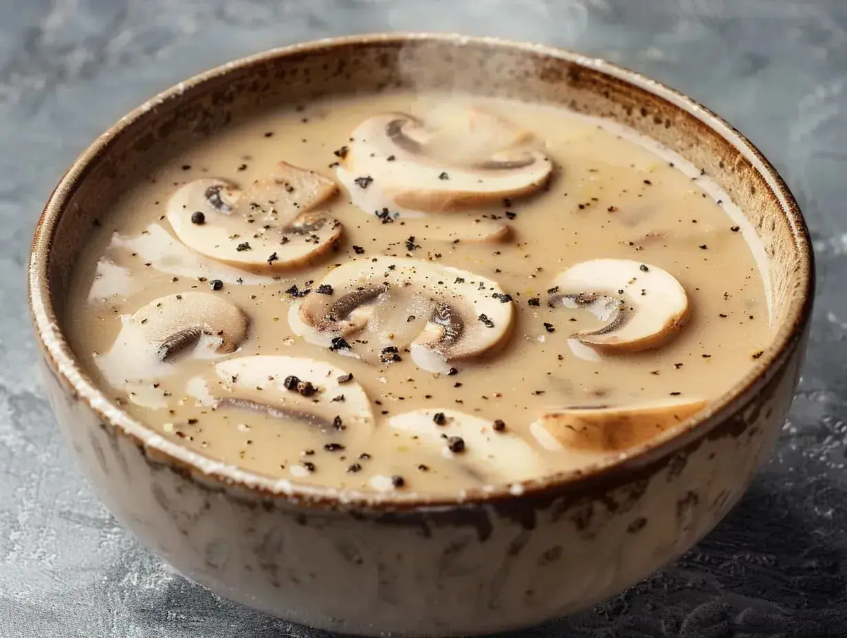Krämig svampsoppa med skivade champinjoner och svartpeppar. Ett perfekt svampsoppa recept för en mysig kväll.