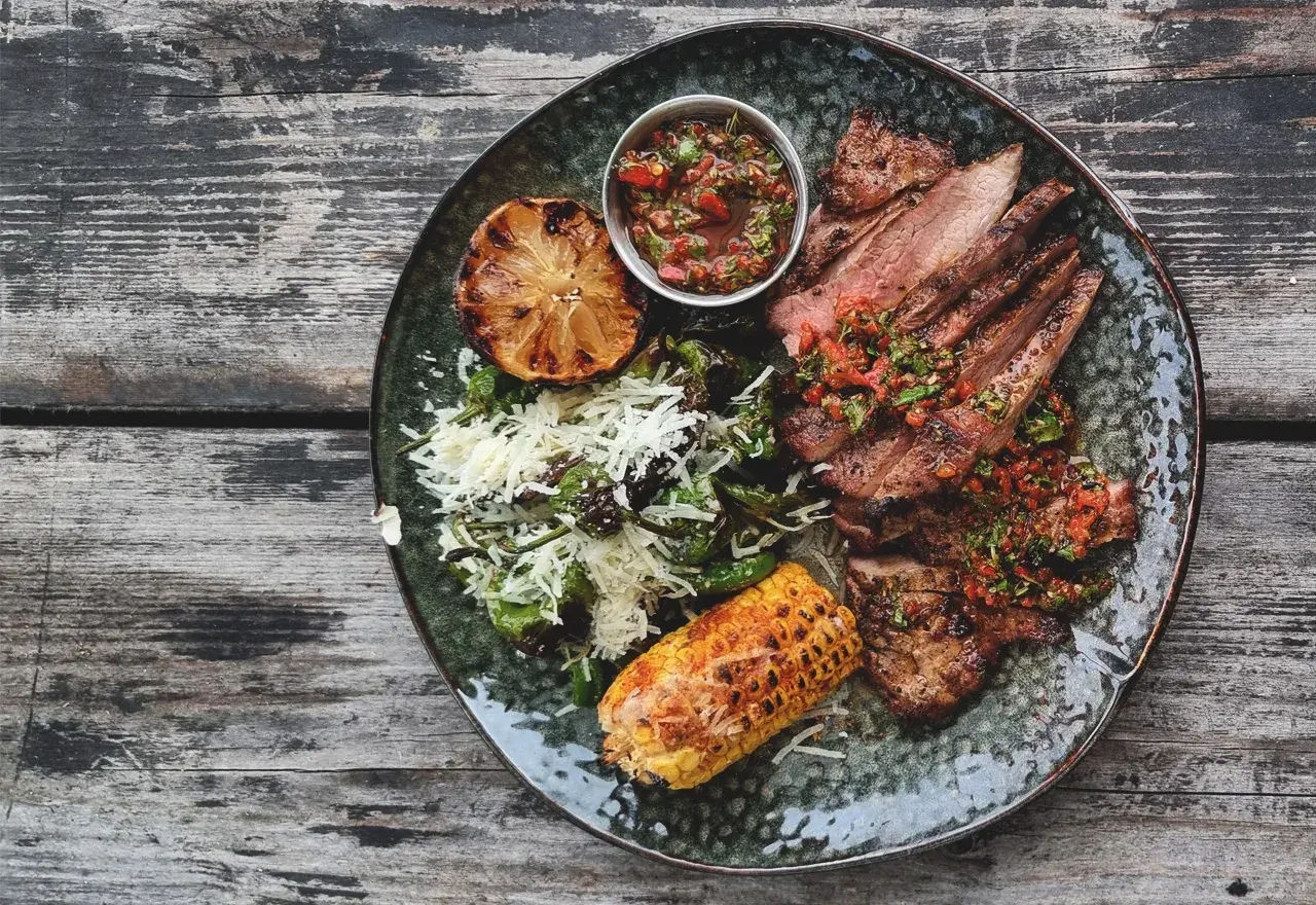 Grillad secreto iberico med chimichurri, majskolv, citron och en sallad med riven ost. Ett utsökt secreto iberico recept.