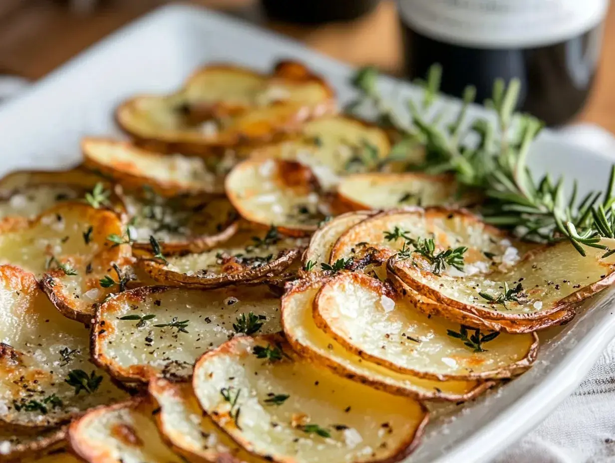 Krispiga, gyllene skivad potatis i ugn, toppad med färska örter och flingsalt. Perfekt som tillbehör till en god middag.