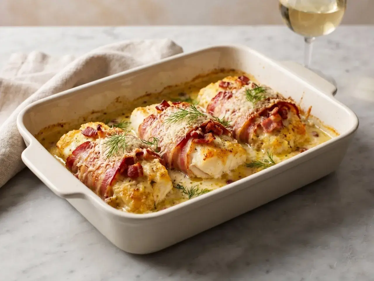 Ugnsbakad torskrygg med knaprigt bacon, toppad med ost och dill. Serveras i en krämig sås.