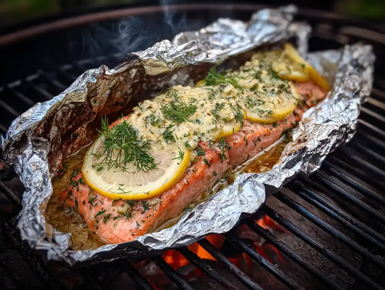 Saftigt laxpaket på grillen med citron och dill. En härlig sommarmåltid som doftar fantastiskt.