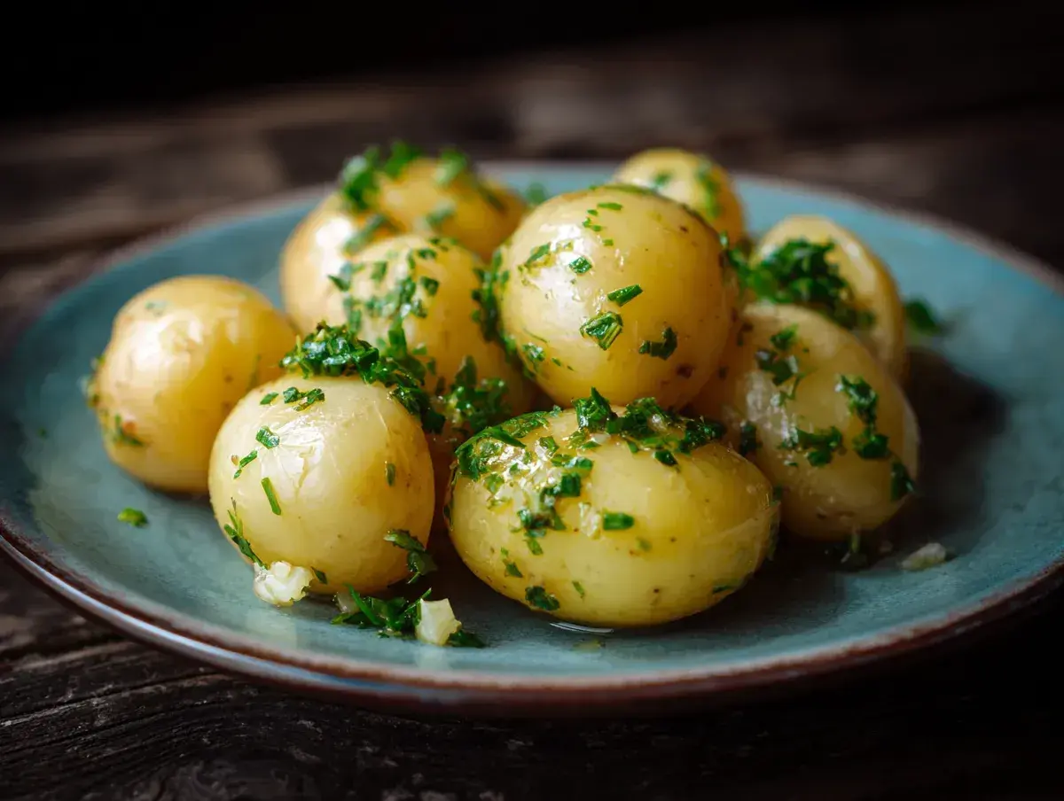 Nykokta, små potatisar med färsk persilja och vitlök på en blå tallrik. Perfekt tillbehör för att koka potatis.