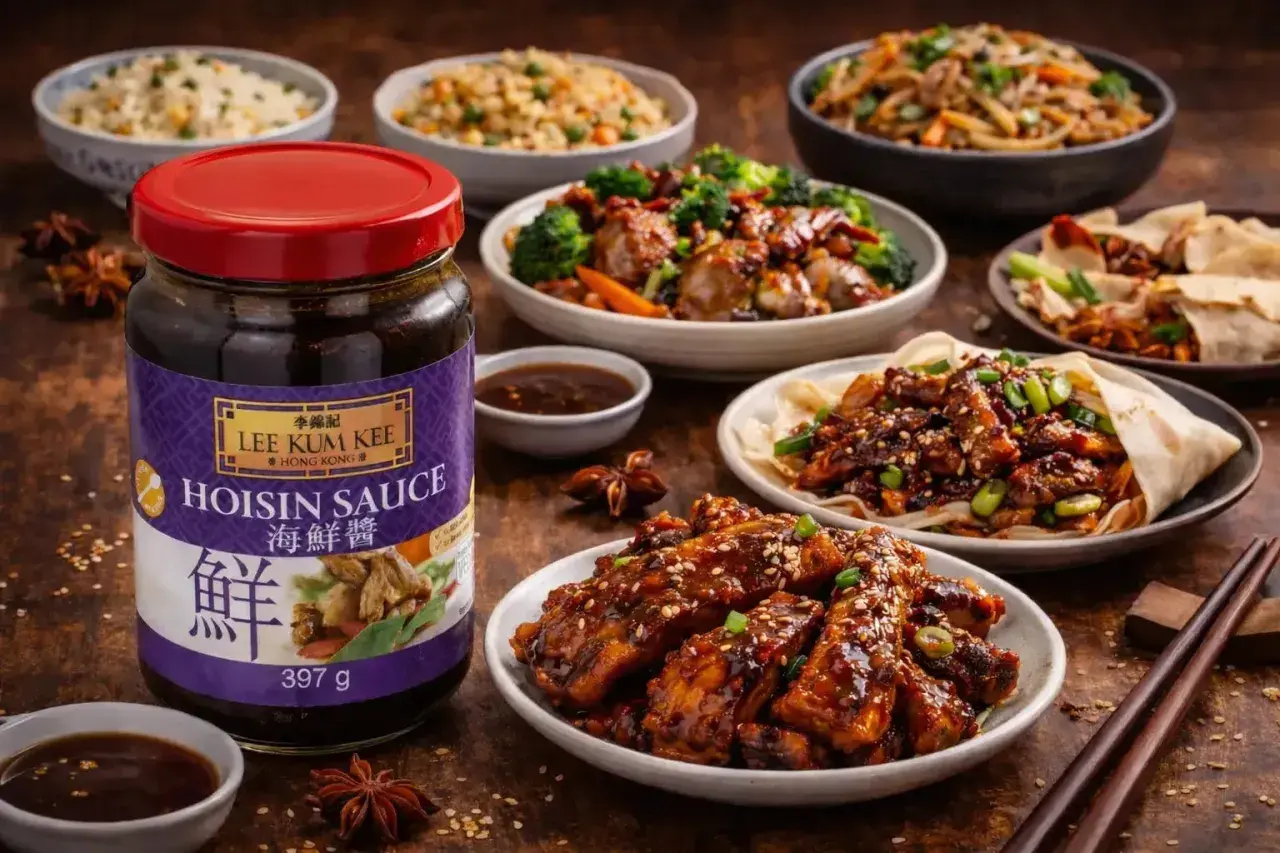 En burk Lee Kum Kee Hoisin Sauce står framför en festmåltid med asiatisk sås-glaserade revbensspjäll, nudlar och ris.