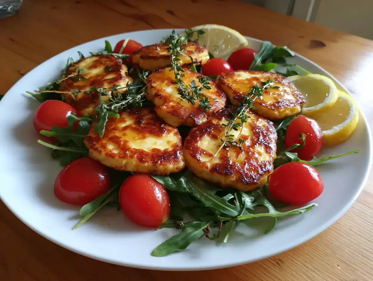 Stekt halloumi med körsbärstomater, ruccola och citronklyftor. En perfekt sommarrätt!