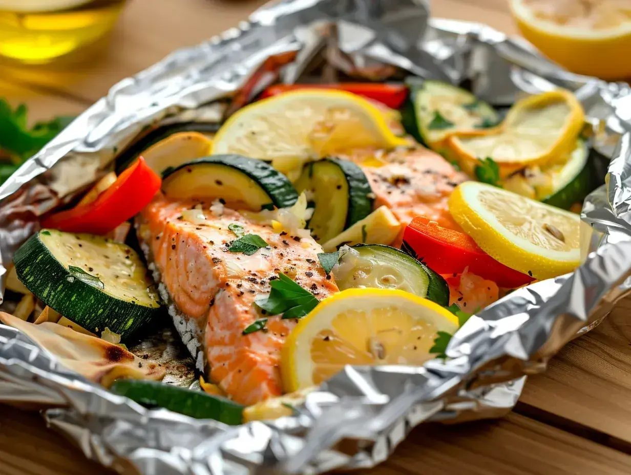 Laxfilé med citron, zucchini och paprika, tillagad i folie. En hälsosam och god fiskrätt.