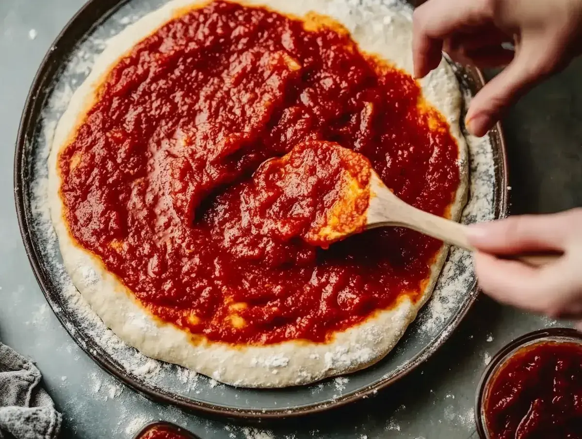 En träsked sprider hemlagad, egen pizzasås på en pizzabotten.