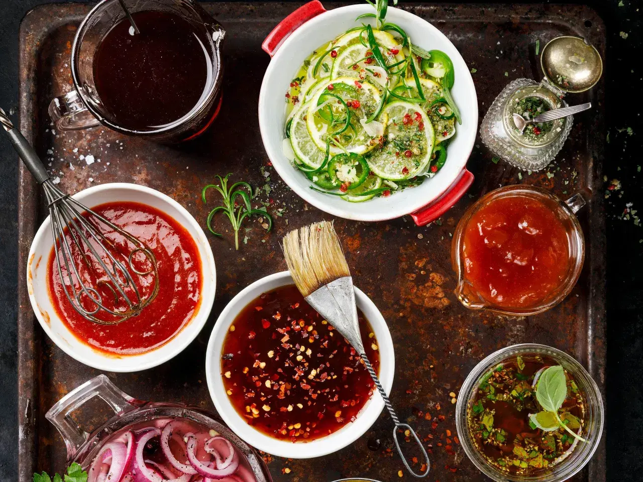 Olika såser och ingredienser för ett chilisås recept. En visp i en skål med röd sås, en pensel i en skål med mörk sås, och skivade lime och jalapeño.