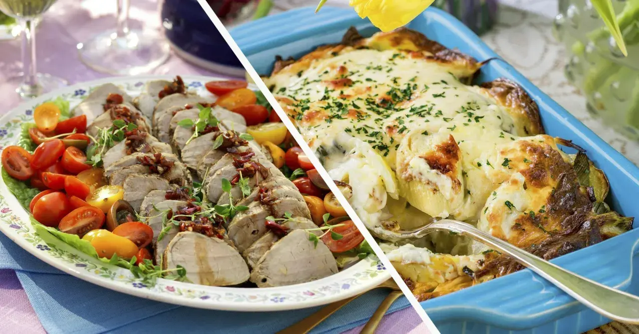 Skivad rostbiff med tomater och en gratinerad pastarätt. Perfekt för att avgöra hur mycket rostbiff per person som behövs för en festmåltid.