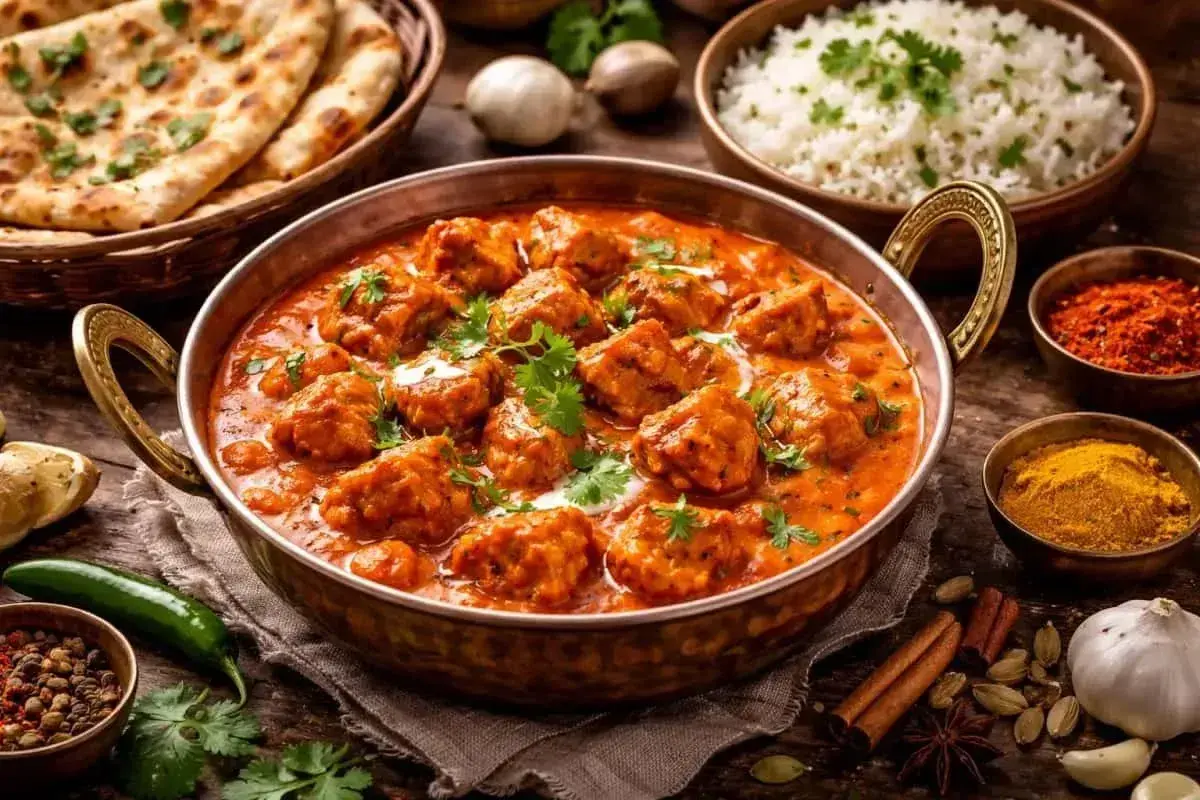 En kopp med kyckling i krämig tikka masala sås, garnerad med koriander. Serveras med ris, naanbröd och kryddor.