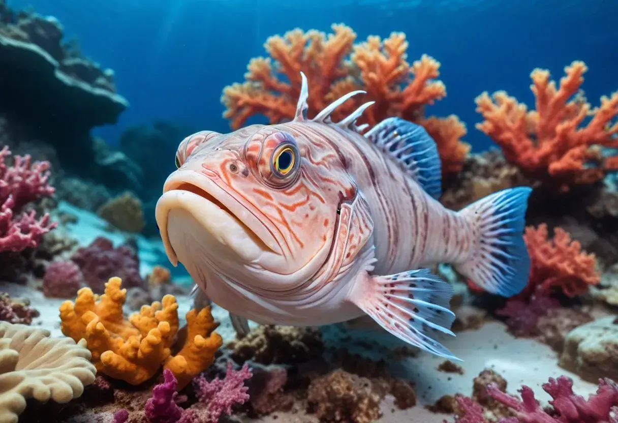 En närbild på en randig fisk med stora ögon bland koraller. Kanske inspiration till ett gott havskatt recept?