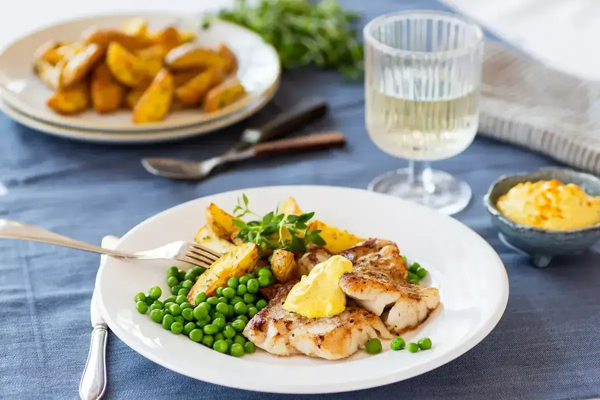 Friterad fisk med klyftpotatis och gröna ärtor, toppad med en klick egen remouladsås. Ett glas vitt vin står bredvid.
