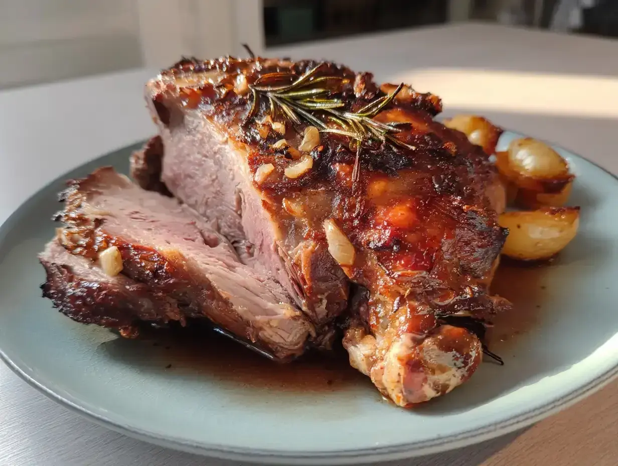 En saftig rådjursstek i ugn, perfekt tillagad med rosmarin och vitlök, serverad med rostade småpotatisar på en ljusblå tallrik.