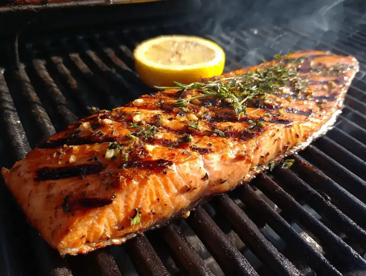 En saftig bit grillad fisk med citron och örter på grillen.