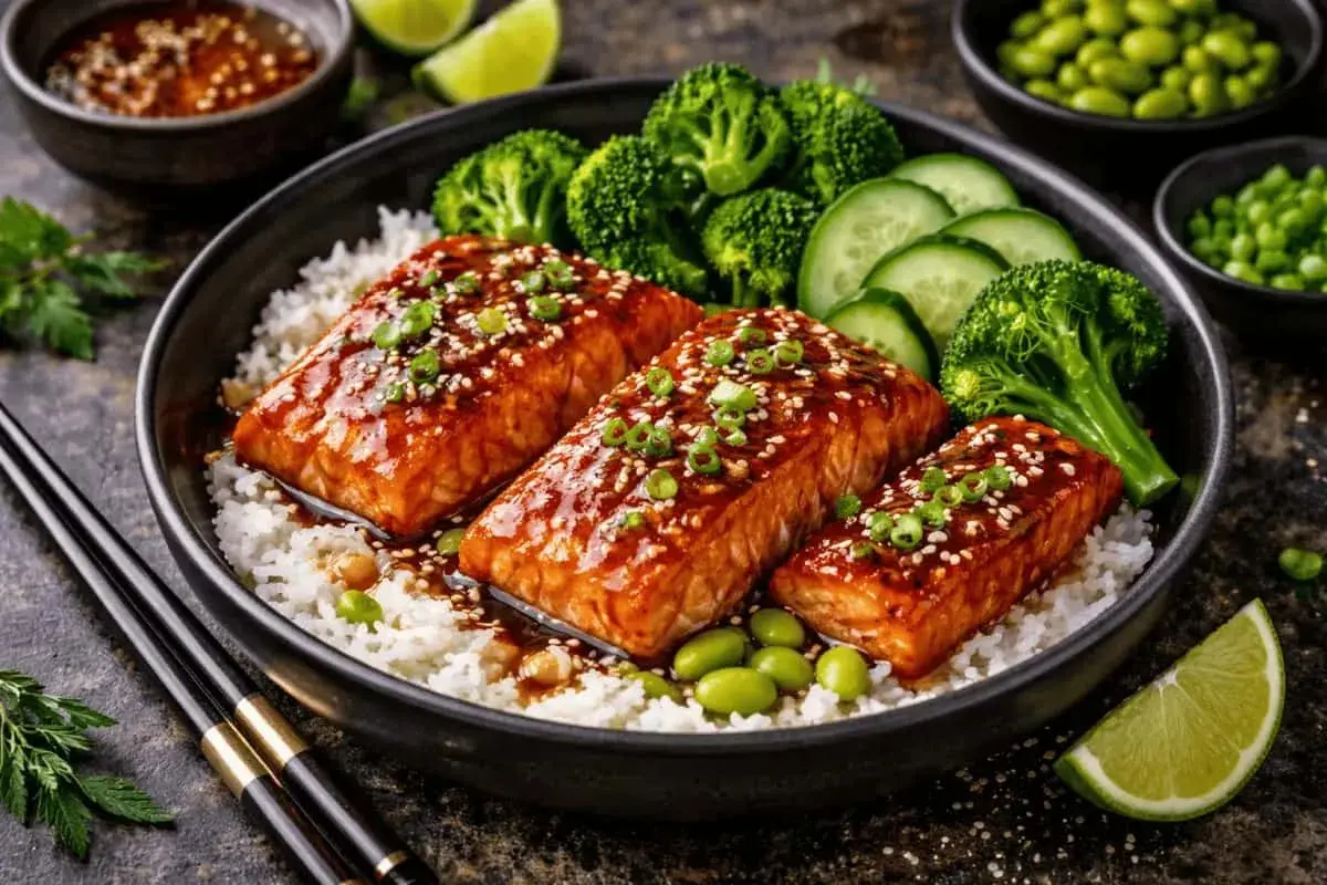 Tre saftiga filéer av teriyaki lax serveras på en bädd av ris, med broccoli, gurka och edamamebönor. En läcker och hälsosam måltid.