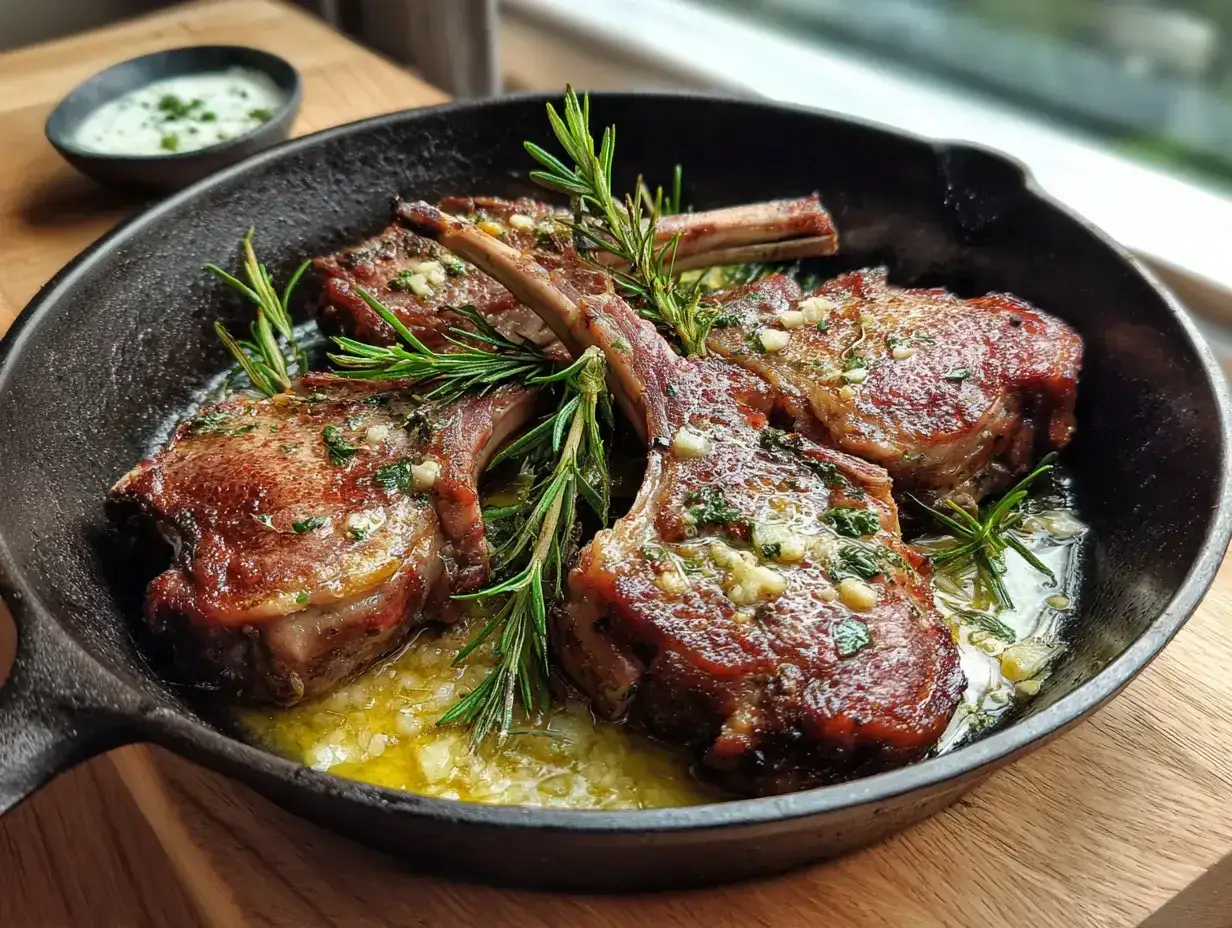 Lammentrec&ocirc;te recept: saftiga lammkotletter i gjutj&auml;rnspanna med rosmarin och vitl&ouml;k, serverade med en kr&auml;mig s&aring;s.