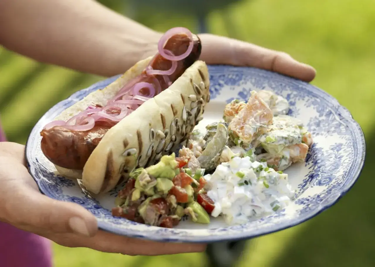 En tallrik med en grillad korv i bröd med rödlök, avokadosalsa och potatissallad. Perfekt för att grilla korv!