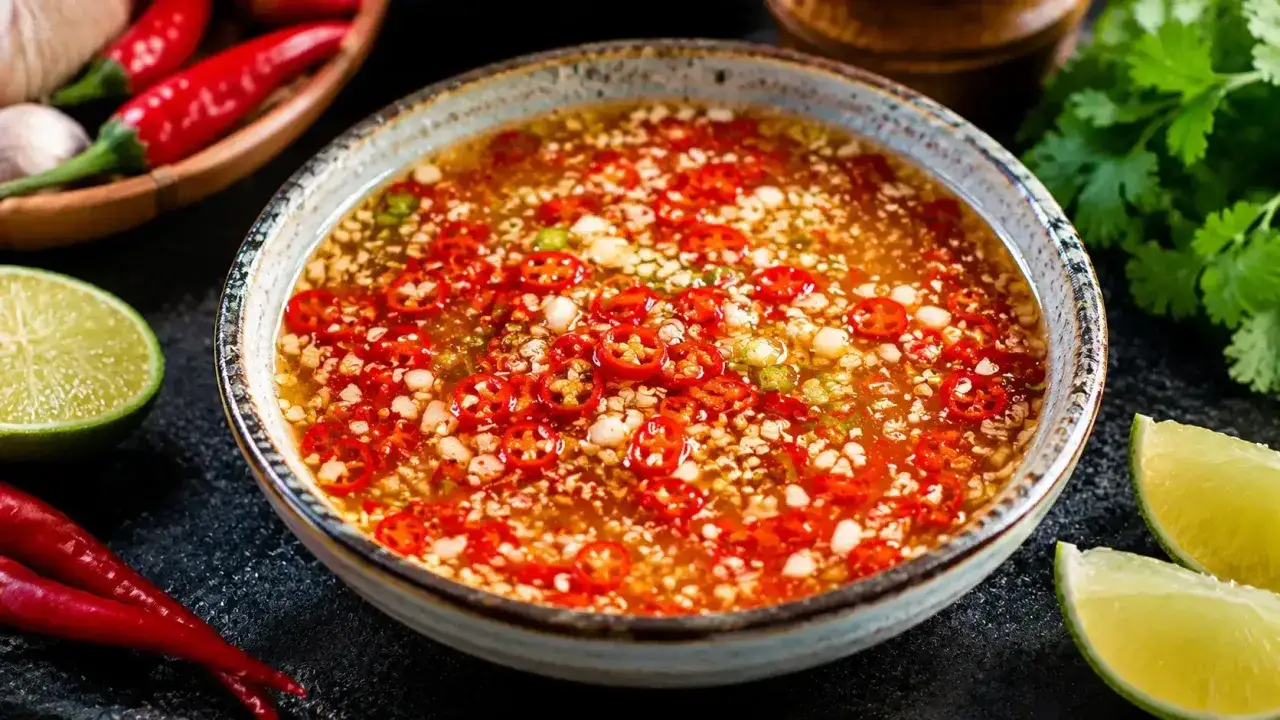 En skål med kryddig nuoc cham sås, garnerad med skivade chilifrukter, vitlök och limeklyftor.