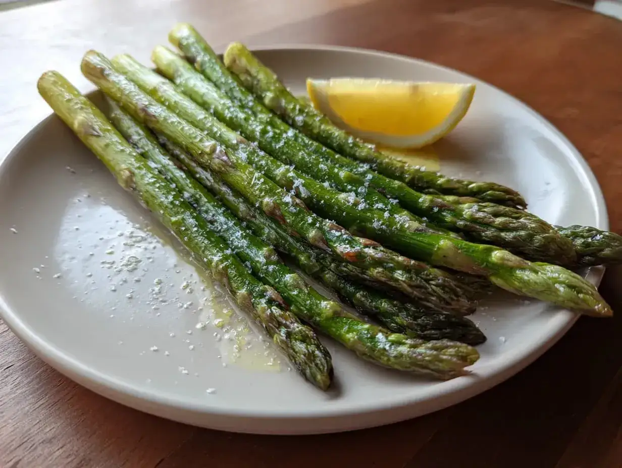 Njut av perfekt stekt sparris med en citronskiva. Enkel och god rätt!