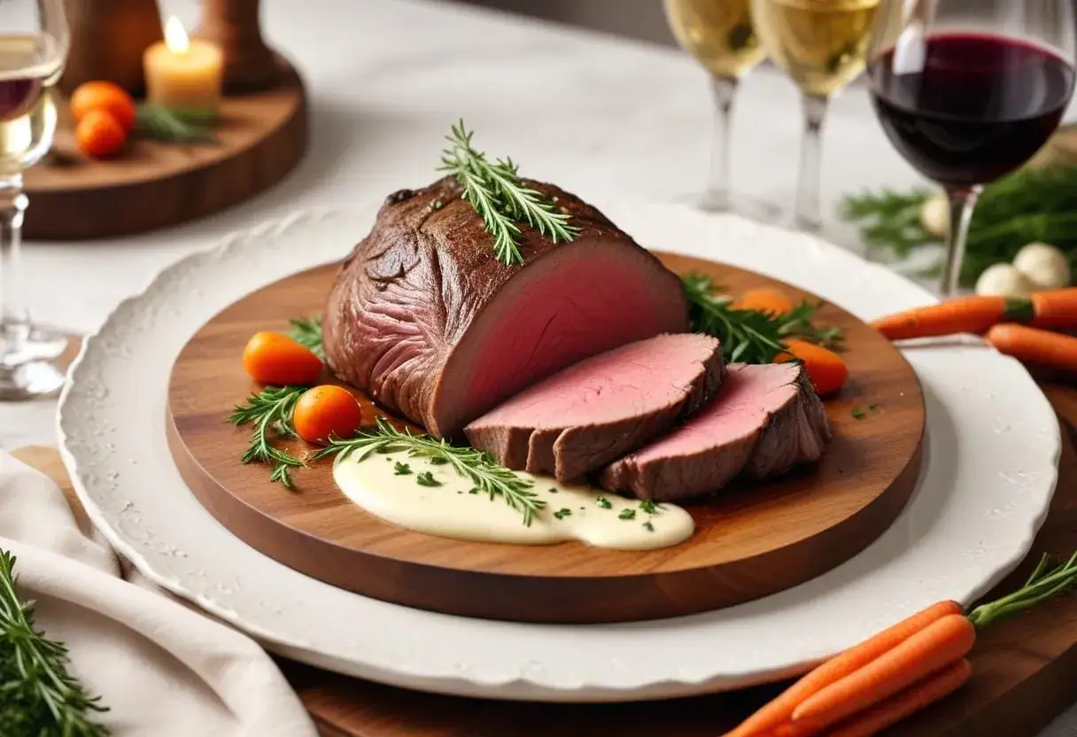 En saftig r&aring;djursstek i ugn, perfekt skivad och serverad med kr&auml;mig s&aring;s, k&ouml;rsb&auml;rstomater och rosmarin. En festm&aring;ltid att njuta av.