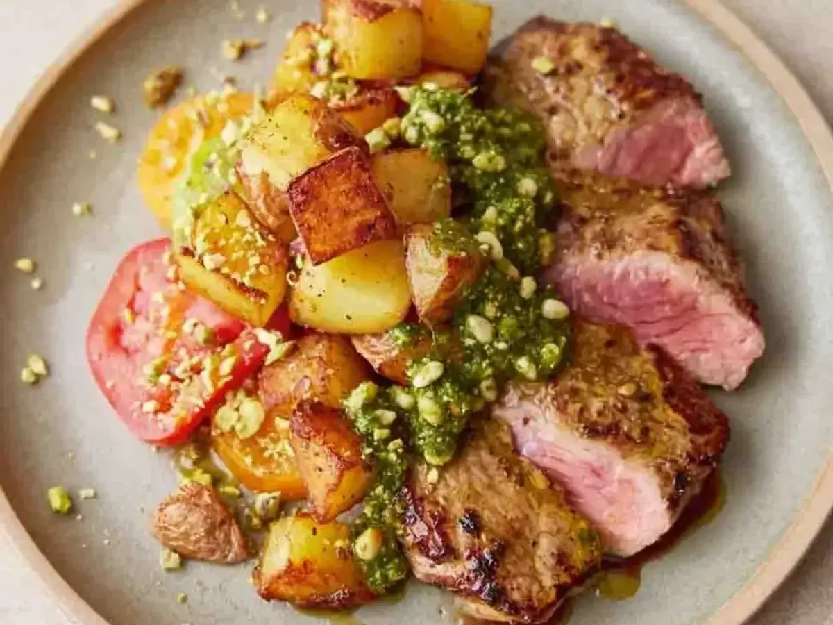 En saftig biff serveras med krispiga, rostade pesto potatisar och f&auml;rska tomater, toppat med hackade pistagen&ouml;tter.
