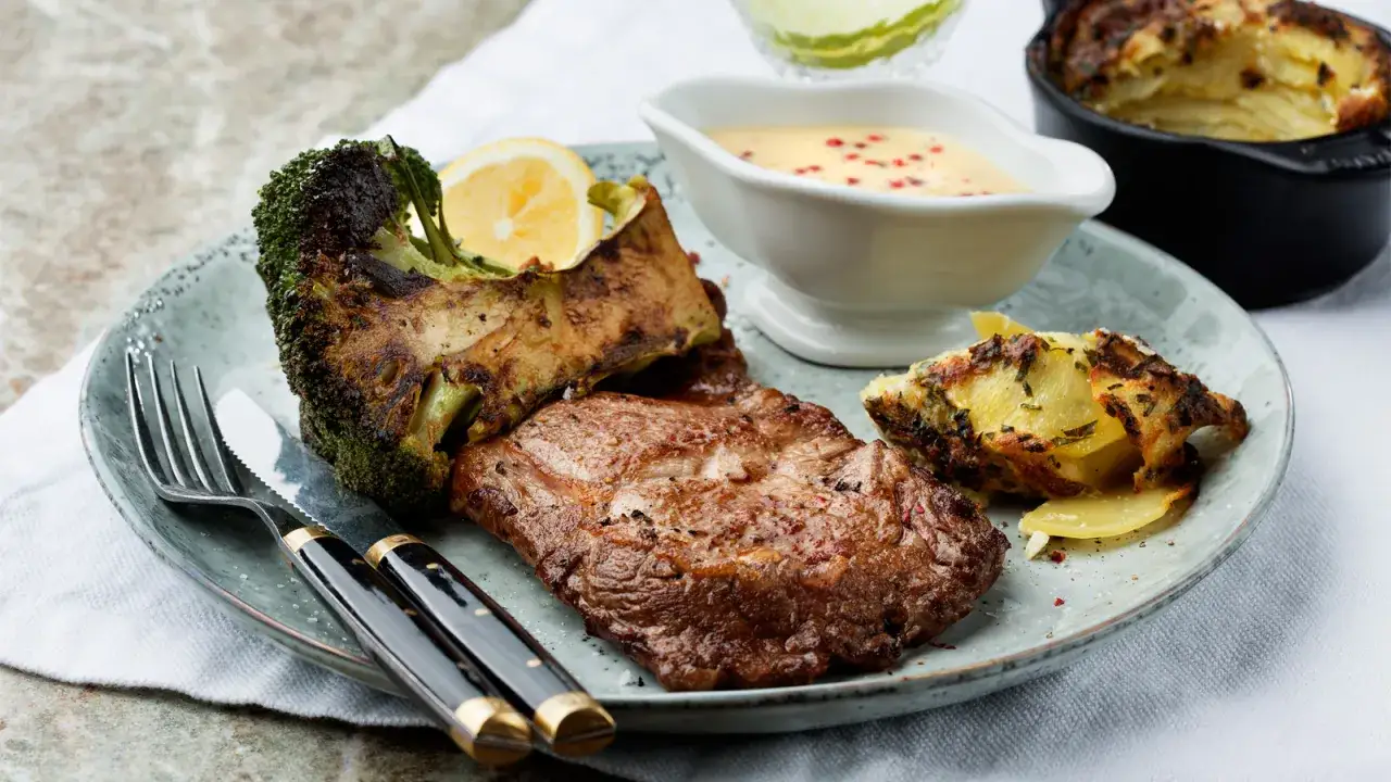 En saftig kalv entrecote serveras med grillad broccoli, citron, potatisgrat&auml;ng och en kr&auml;mig s&aring;s.
