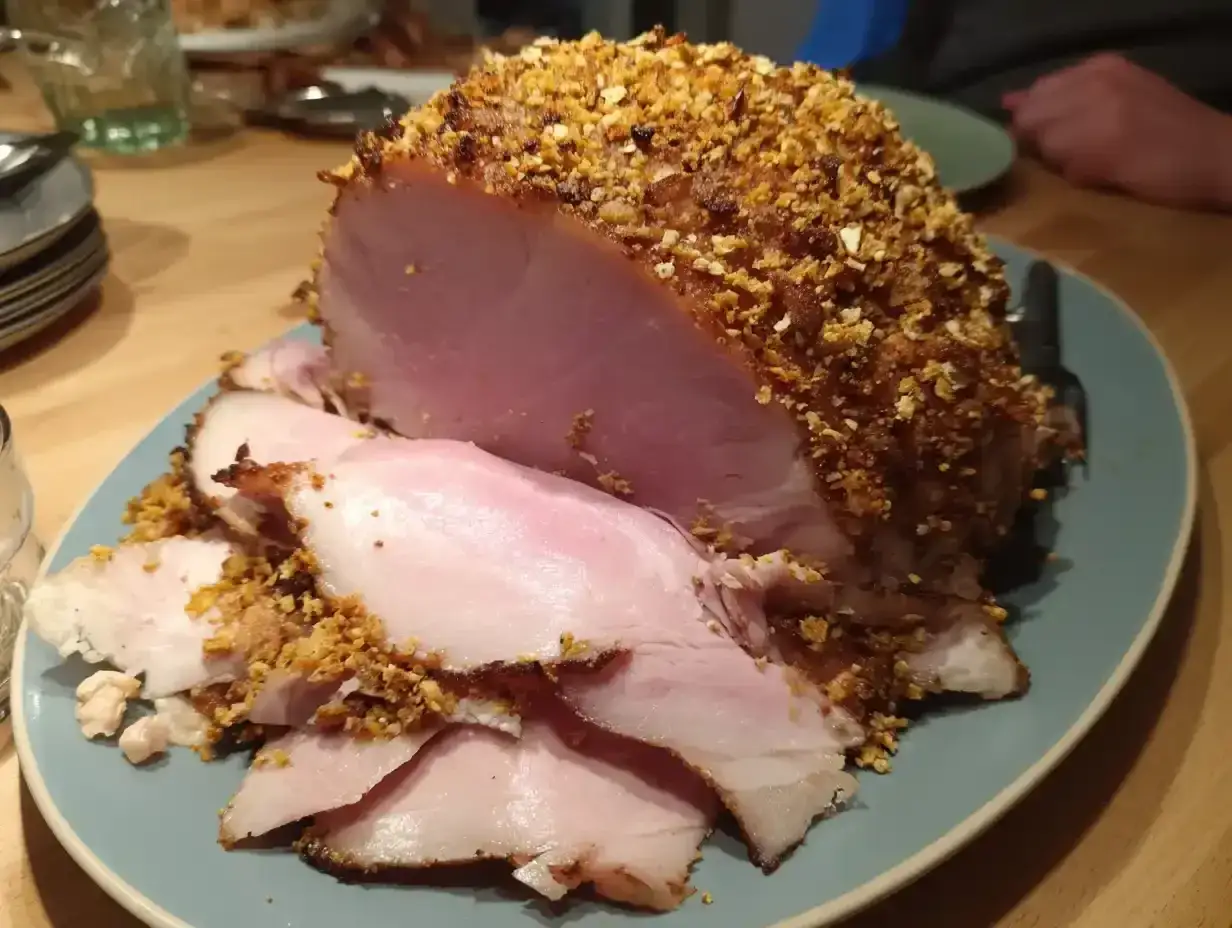 En saftig julskinka med h&auml;rlig griljering av n&ouml;tter och str&ouml;br&ouml;d, redo att serveras.