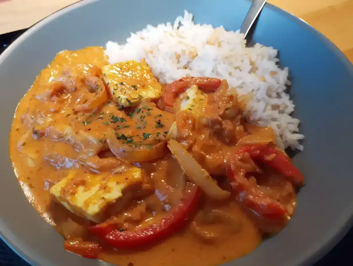 Halloumi stroganoff med ris. Kr&auml;mig s&aring;s med halloumi, paprika och l&ouml;k.